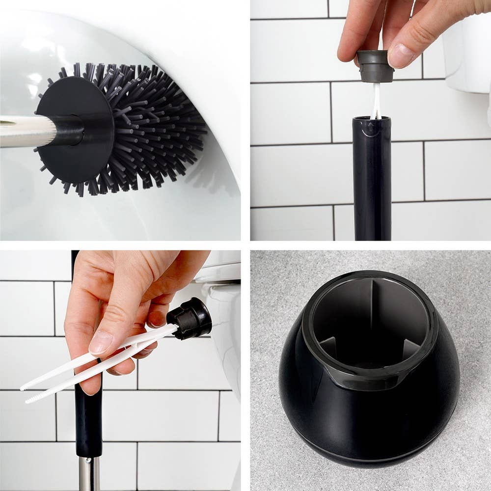 Toilet Brush Silicone with Stand and Tongs Black 42 cm