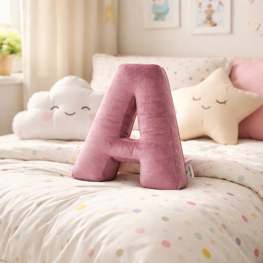 Personalized Letter Pillow – Pink Velvet Initial Nursery Cushion: N