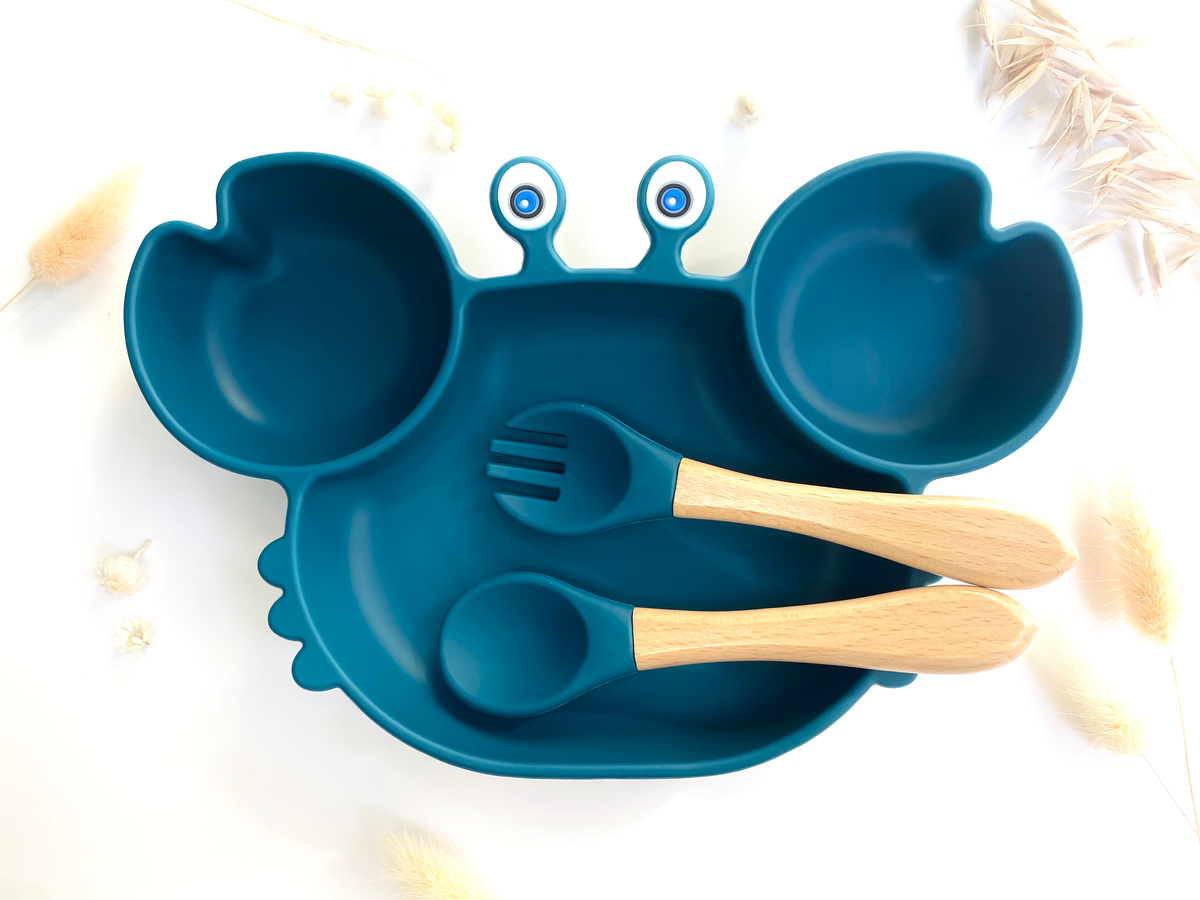 Crab-shaped meal set+cutlery for children: Pink