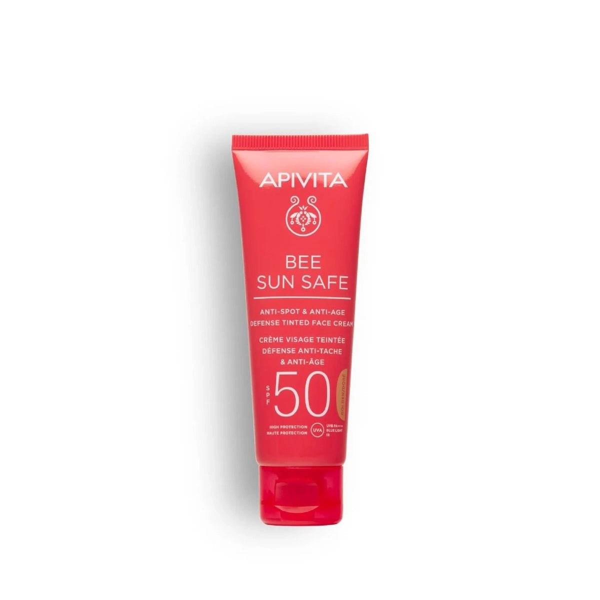 Apivita Bee Sun Safe Gold Tinted SPF50 in golden tint, providing sun protection and skin-evening benefits.