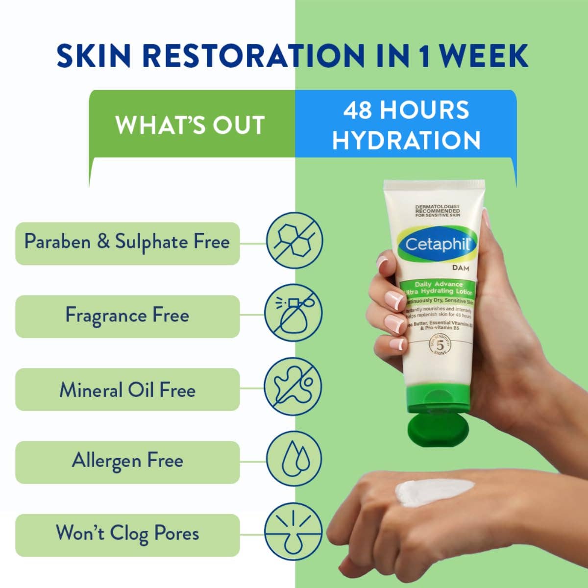 Cetaphil DAM Daily Advance Ultra Hydrating Lotion for Dry, Sensitive Skin| Moisturiser with Shea Butter| Non-Greasy, Fragrance-Free: 100g