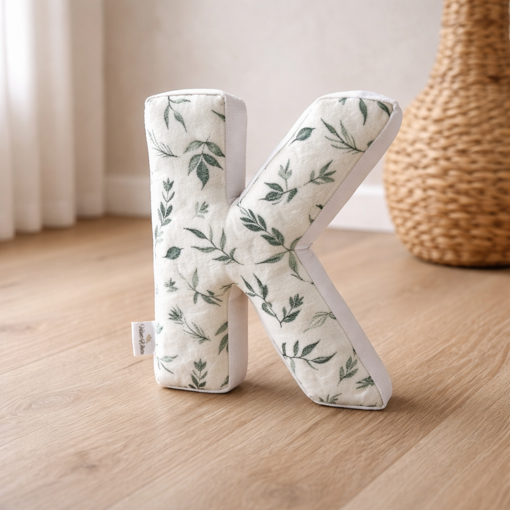 Personalized Letter Pillow – Botanical Alphabet Cushion for Nursery, Custom Initial Decor: K