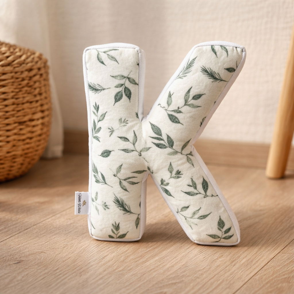 Personalized Letter Pillow – Botanical Alphabet Cushion for Nursery, Custom Initial Decor: K