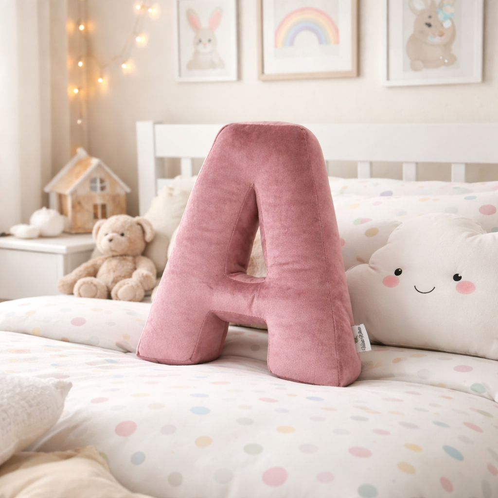 Personalized Letter Pillow – Pink Velvet Initial Nursery Cushion: E