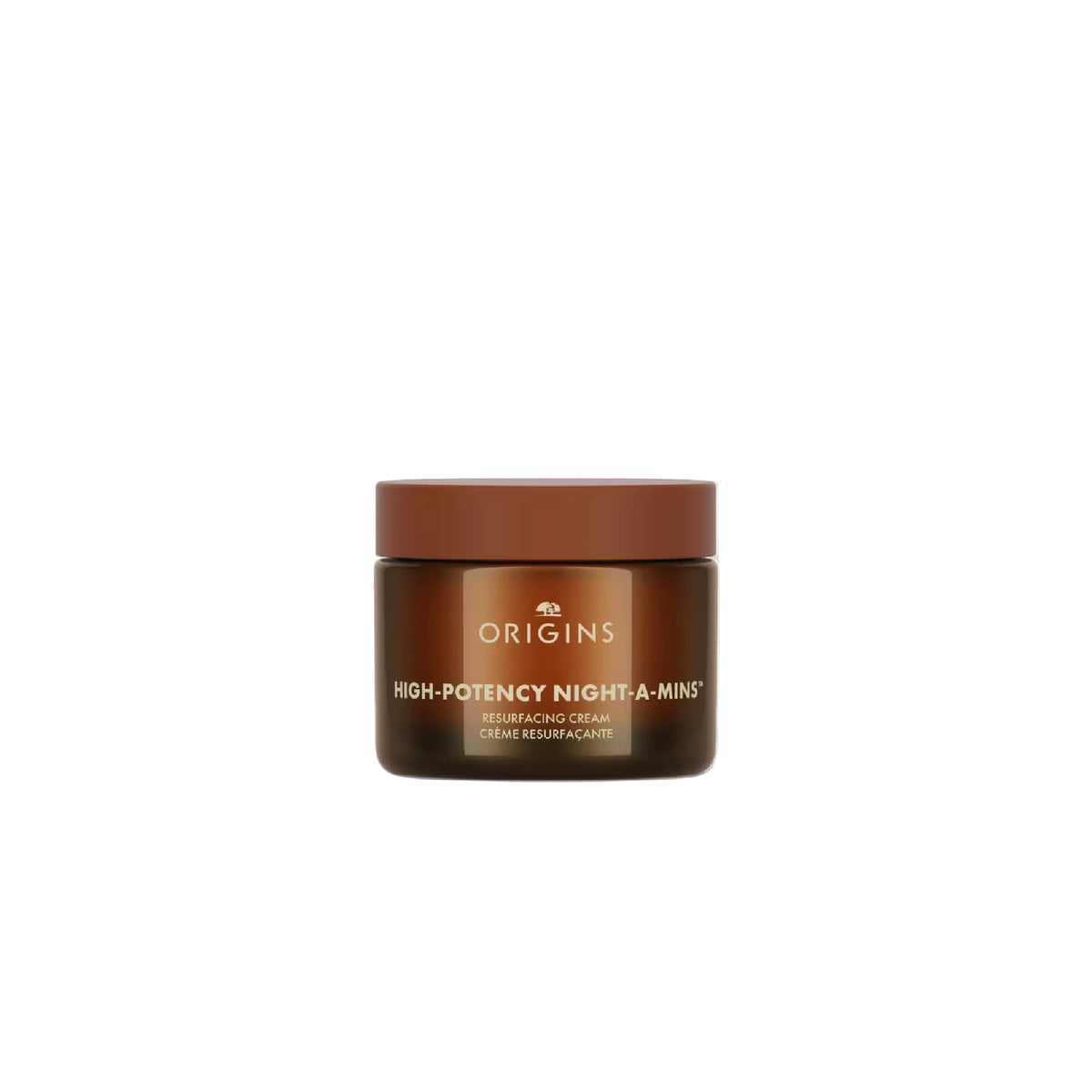 Origins High-Potency Night-A-Mins Resurfacing Cream jar with fruit-derived AHAs for overnight exfoliation and hydration.